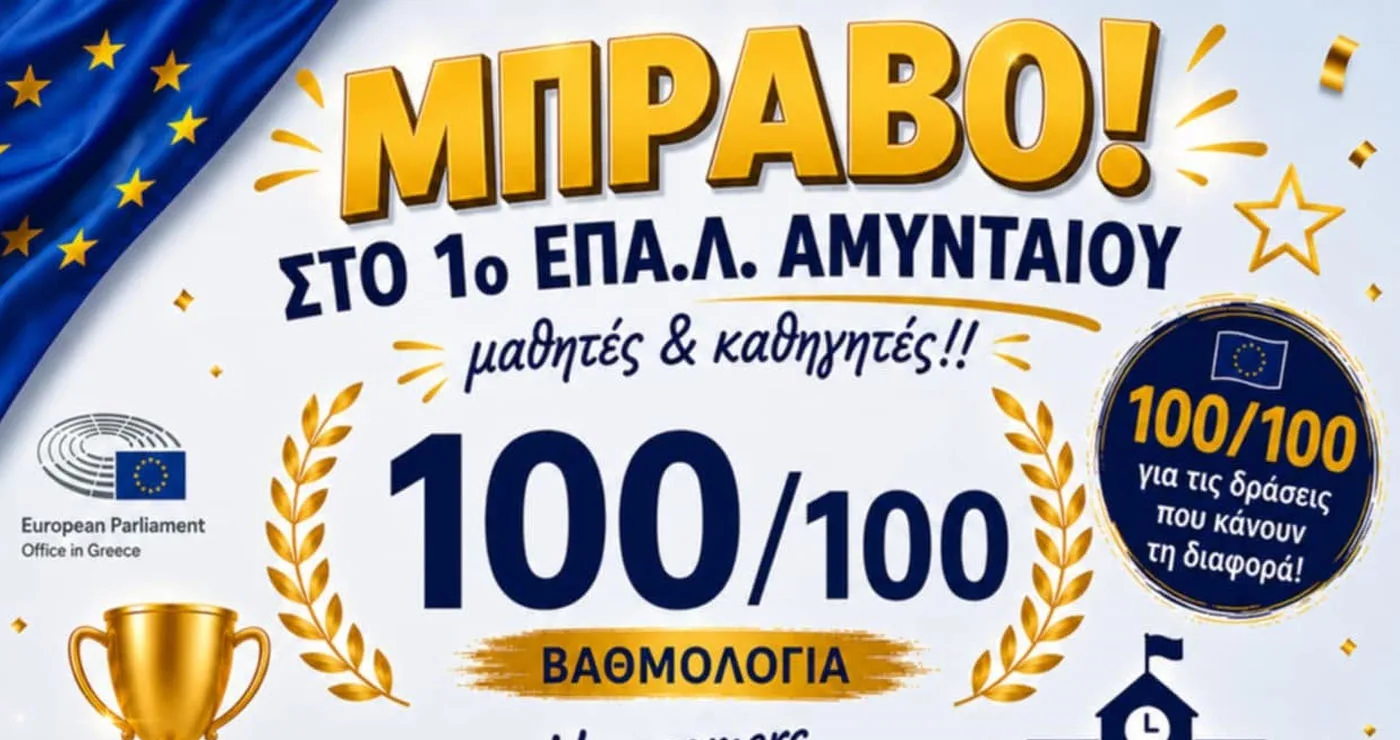 1o 1ο ΕΠΑ.Λ. Αμυνταίου: Διάκριση με 100/100 στα σχολεία – πρέσβεις του Ευρωπαϊκού Κοινοβουλίου