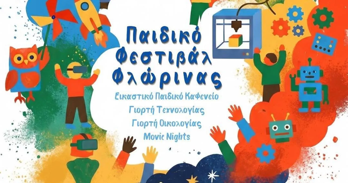 Χαρούμενα παιδιά σηκώνουν τα χέρια τους στον αέρα σε ένα πολύχρωμο φόντο, διαφημίζοντας το παιδικό φεστιβάλ Φλώρινας.
