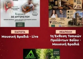 Ένα πολύχρωμο αφίσιο ανακοινώνει τις εκδηλώσεις του πολιτιστικού καλοκαιριού Βοΐου, με αναφορές σε μουσικές βραδιές, έκθεση τοπικών προϊόντων και τον ορεινό αγώνα VOIO RACE.