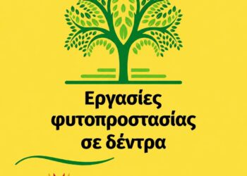 Ένα πράσινο δέντρο με πυκνό φύλλωμα κοσμεί το λογότυπο για τις εργασίες φυτοπροστασίας του Δήμου Κοζάνης.