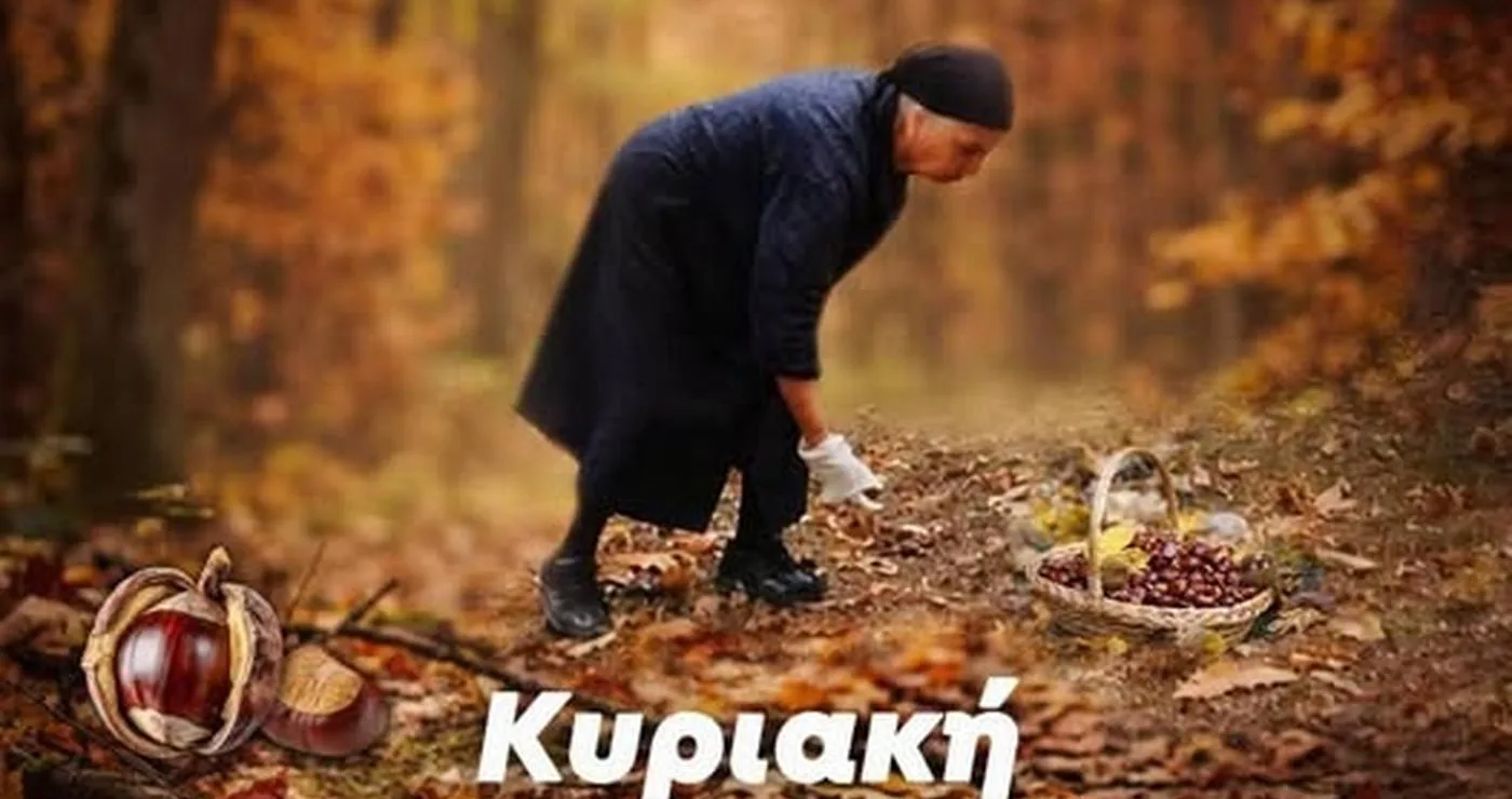 Ένας άνδρας στέκεται πάνω από ένα μεγάλο ταψί με ψημένους κάστανες στην καστανογιορτή Βοΐου, με κόσμο να απολαμβάνει την γιορτή.