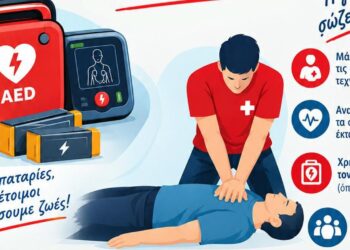 Ένας άνδρας εκπαιδεύεται στην ΚΑΡΠΑ δίπλα σε έναν απινιδωτή στο Αμύνταιο, ενώ γίνεται αντικατάσταση μπαταριών στους απινιδωτές Αμυνταίου.