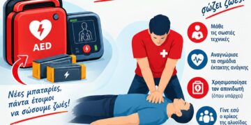 Ένας άνδρας εκπαιδεύεται στην ΚΑΡΠΑ δίπλα σε έναν απινιδωτή στο Αμύνταιο, ενώ γίνεται αντικατάσταση μπαταριών στους απινιδωτές Αμυνταίου.