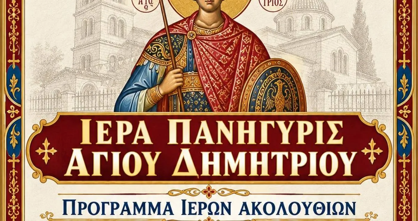 Ένας άνδρας με στολή στρατιώτη, ο Άγιος Δημήτριος Προαστίου, απεικονίζεται σε ένα διακοσμητικό έμβλημα για την επερχόμενη πανήγυρη στον Ιερό Ναό.