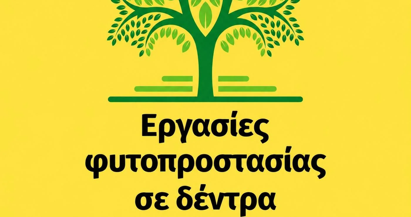 Ένα πράσινο δέντρο με πυκνό φύλλωμα βρίσκεται στο κέντρο μιας διαφημιστικής εικόνας που ανακοινώνει τις εργασίες φυτοπροστασίας στον Δήμο Κοζάνης.