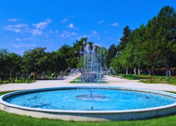 Ένα μεγάλο σιντριβάνι με νερό εκτοξεύεται ψηλά σε ένα πάρκο της Κοζάνης, με καταπράσινο γρασίδι και δέντρα υπό έναν γαλάζιο ουρανό, μέρος του έργου Φωτισμός πάρκων Κοζάνης.