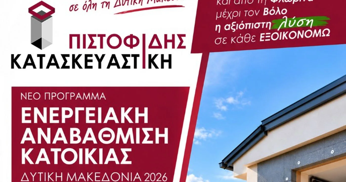 Ενταχθείτε στο νέο πρόγραμμα ενεργειακής αναβάθμισης κατοικιών στην Δυτική Μακεδονία με την αίτηση σας εντελώς ΔΩΡΕΑΝ από την ΠΙΣΤΟΦΙΔΗΣ ΚΑΤΑΣΚΕΥΑΣΤΙΚΗ!